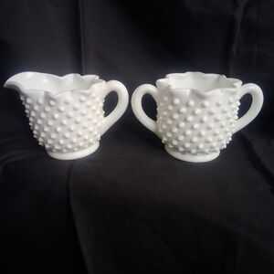 2 EXQUISITE FENTON WHITE MILK HOBNAIL SUGAR AND CREAMER SET